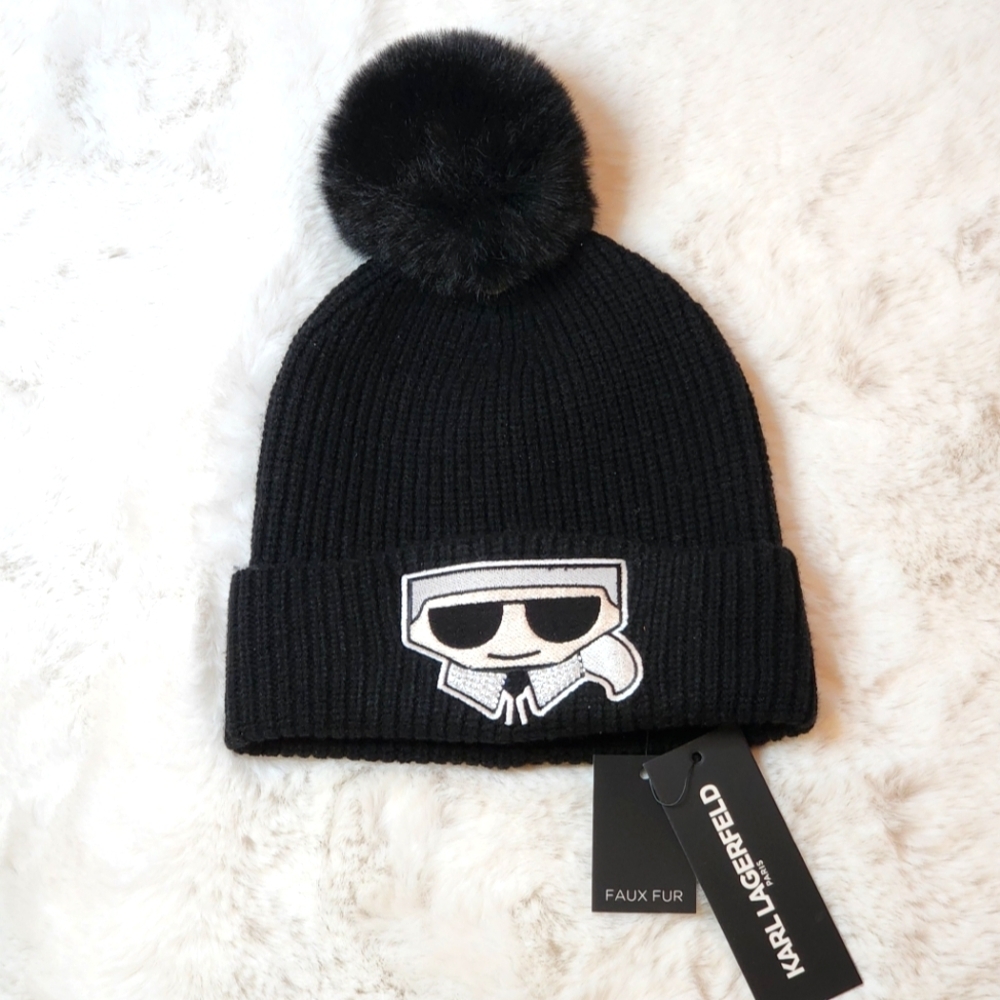 Karl Lagerfeld Black Pom Pom Beanie